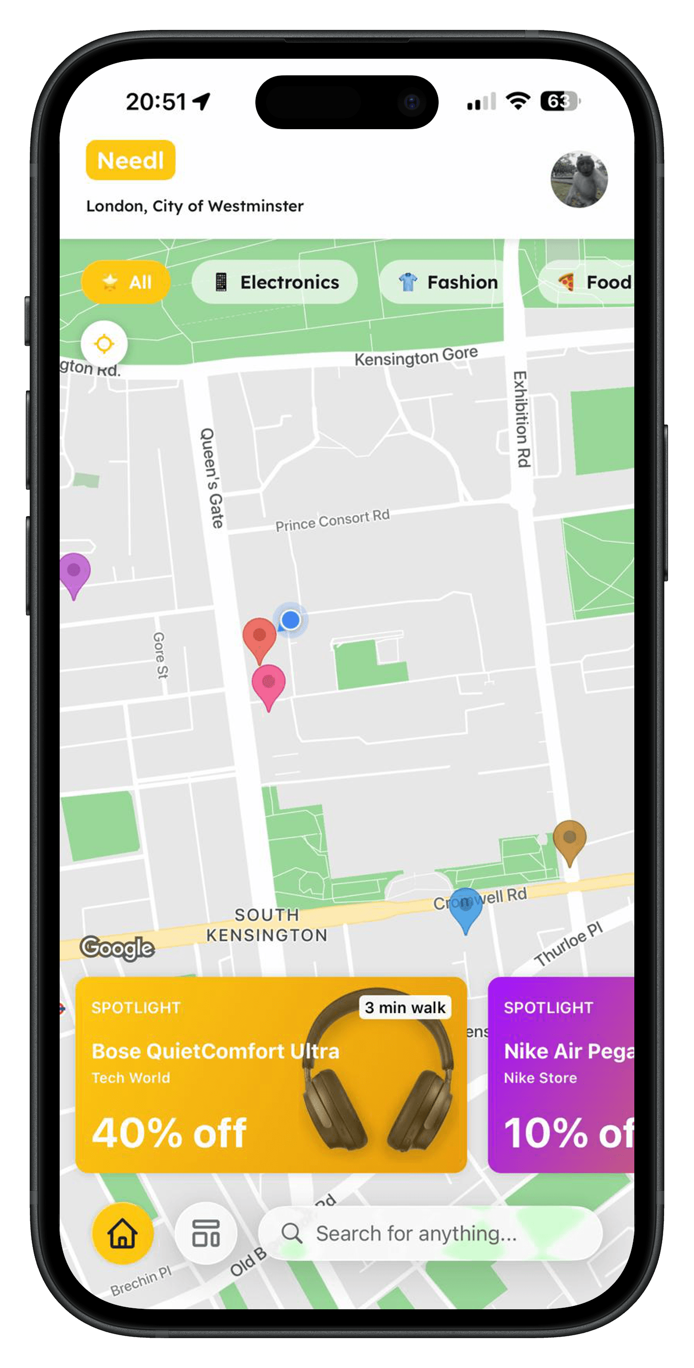 Shopper using Needl app on iPhone to search local shops
